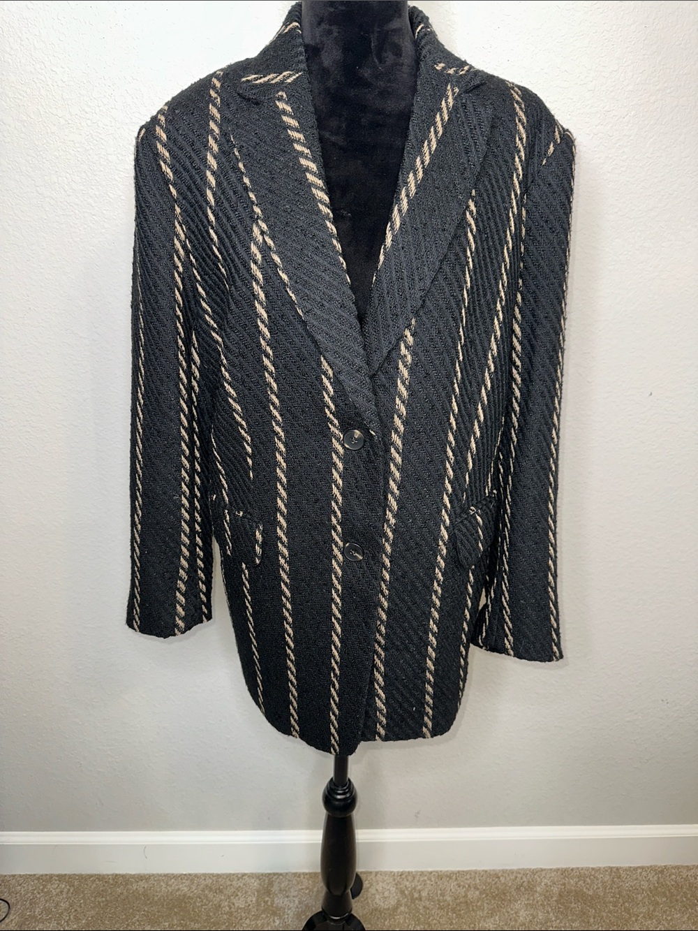 H&M Black Blazer with Cream Rope-Style Stripes